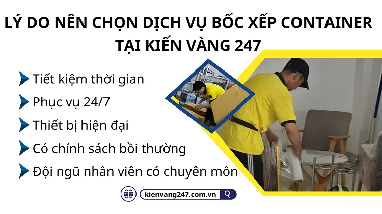 Dịch vụ bốc xếp container tại Kiến Vàng 247 có đội ngũ nhân sự chuyên môn cao được đào tạo để phục vụ khách hàng