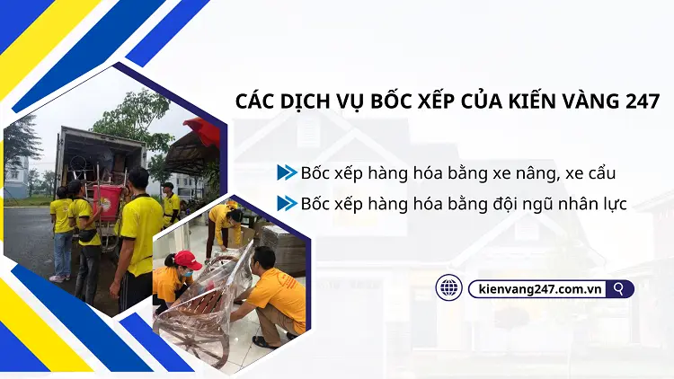 Dịch vụ bốc xếp Kiến Vàng 247 có đa dạng các thiết bị hiện đại xe nâng xe cẩu, xe nâng nhằm phục vụ tốt nhất nhu cầu khách hàng